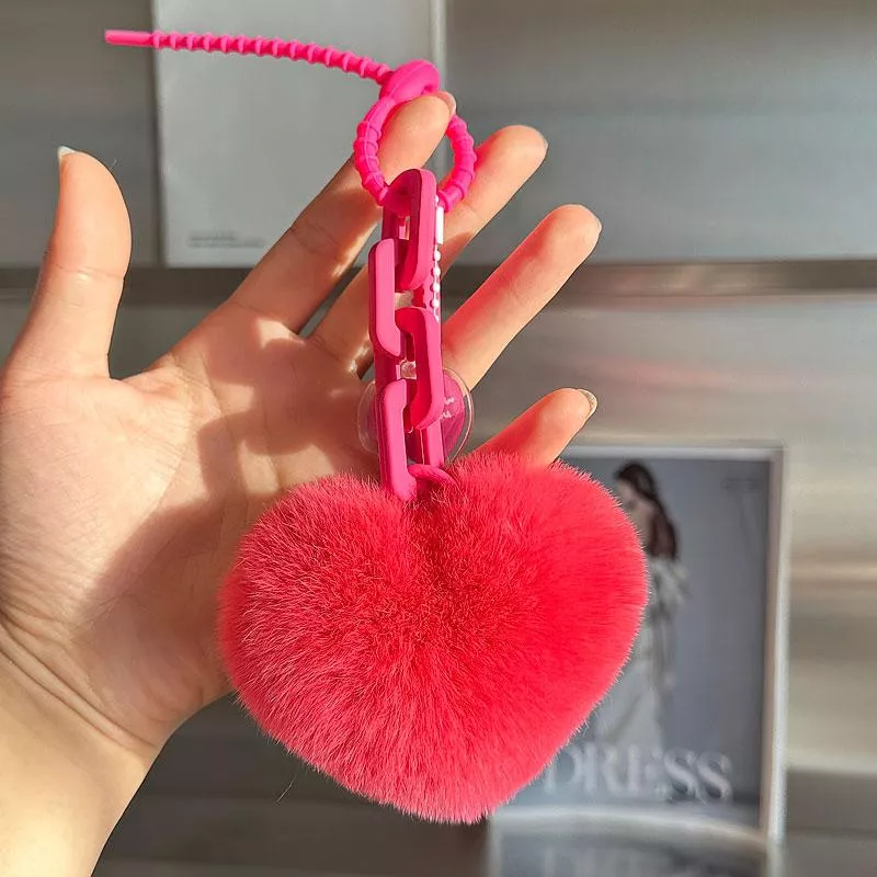 Korean Cartoon Cute Natural Rabbit Fur Heart Bag Charm Chain Keychain Bag Pendant Women Girl Bag Cars Fluffy Keyring Gifts